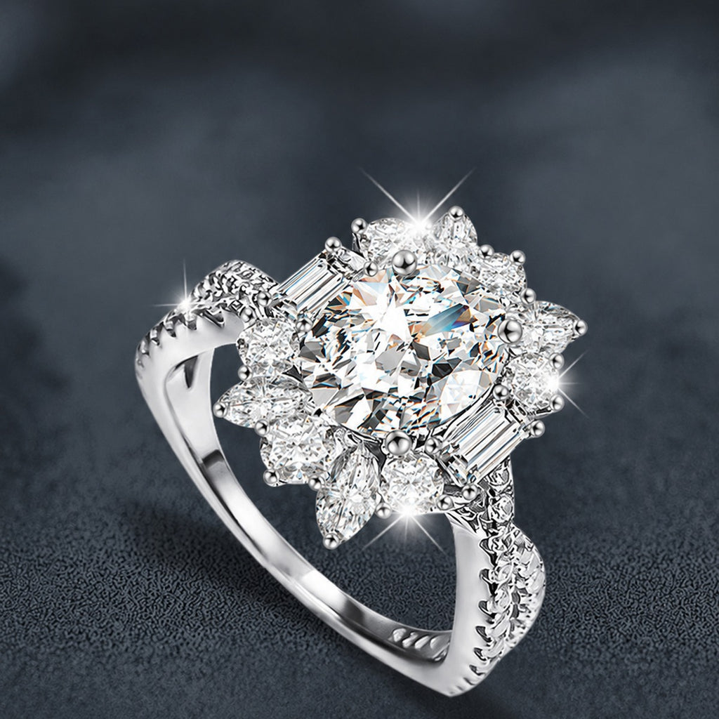 Oval Cut Moissanite Floral Engagement Ring with CZ close-up detail view with moissanite sparkle