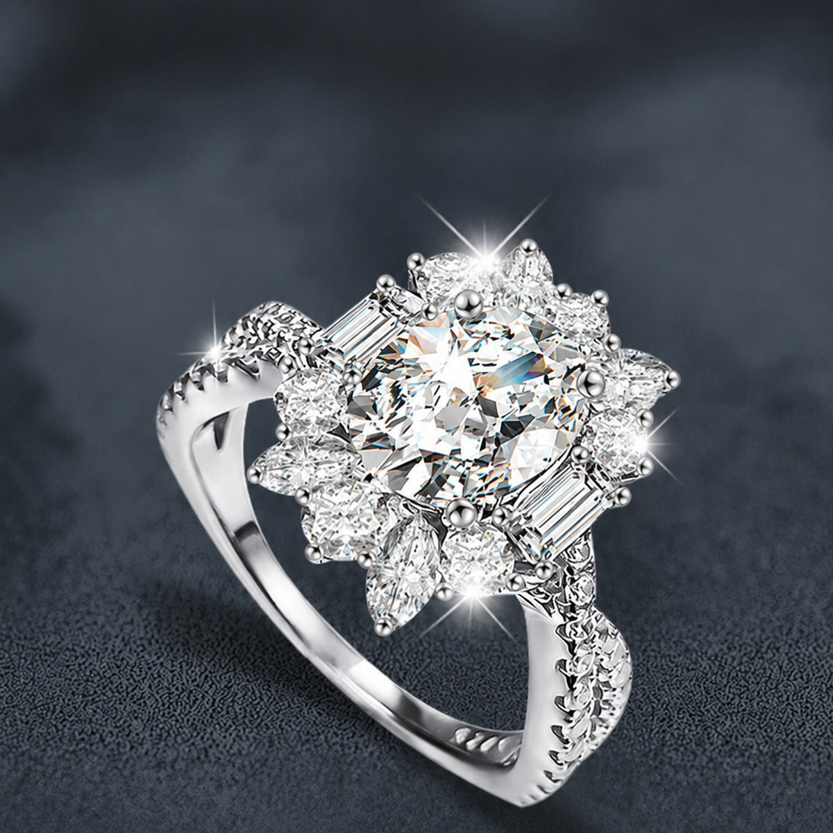 Oval Cut Moissanite Floral Engagement Ring with CZ close-up detail view with moissanite sparkle