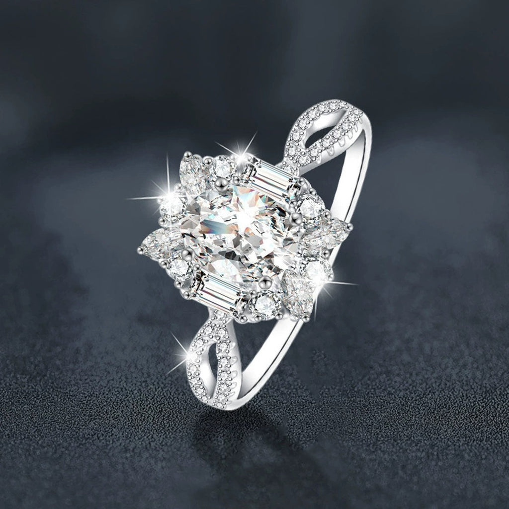 Oval Cut Moissanite Floral Engagement Ring with CZ close-up detail view with moissanite sparkle
