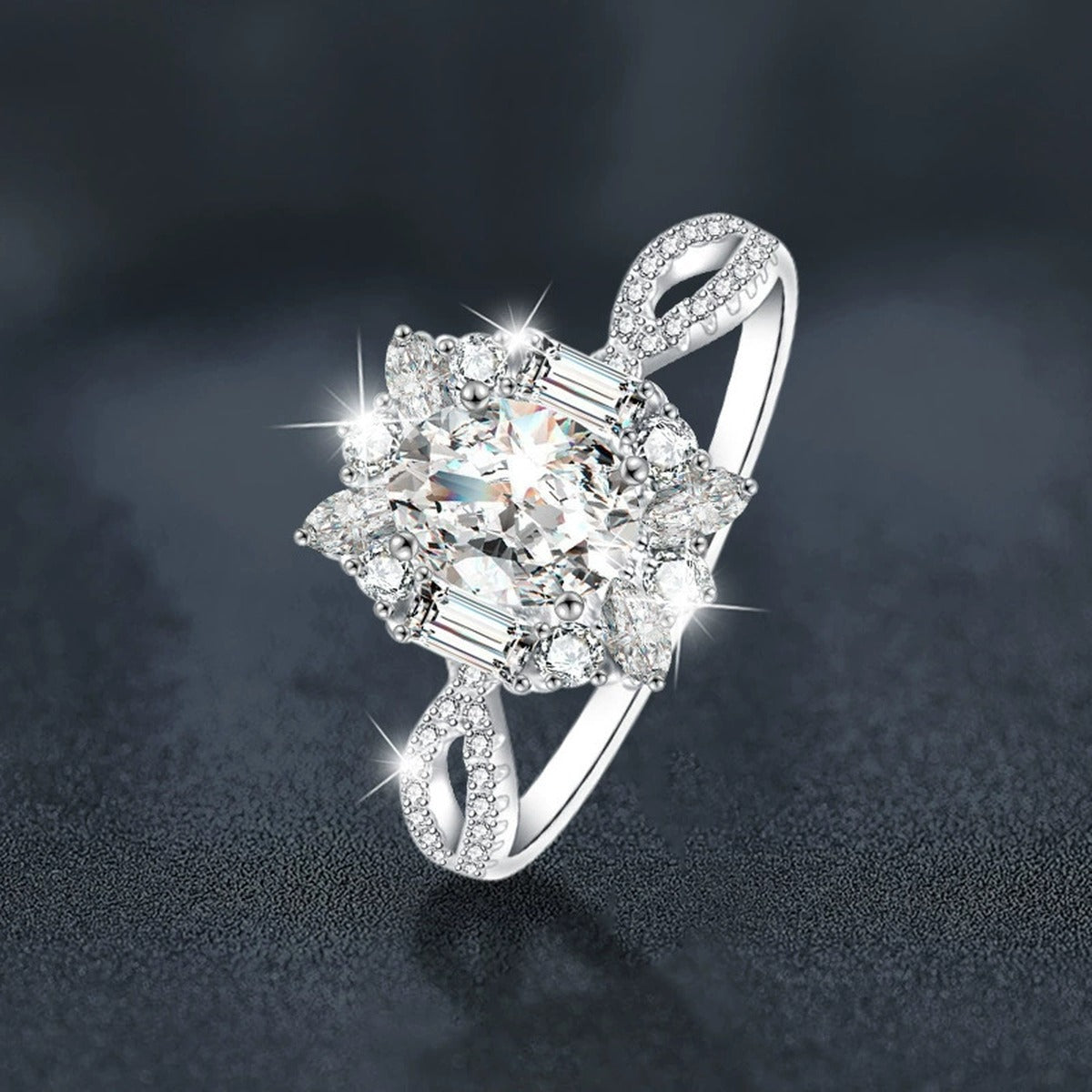 Oval Cut Moissanite Floral Engagement Ring with CZ close-up detail view with moissanite sparkle