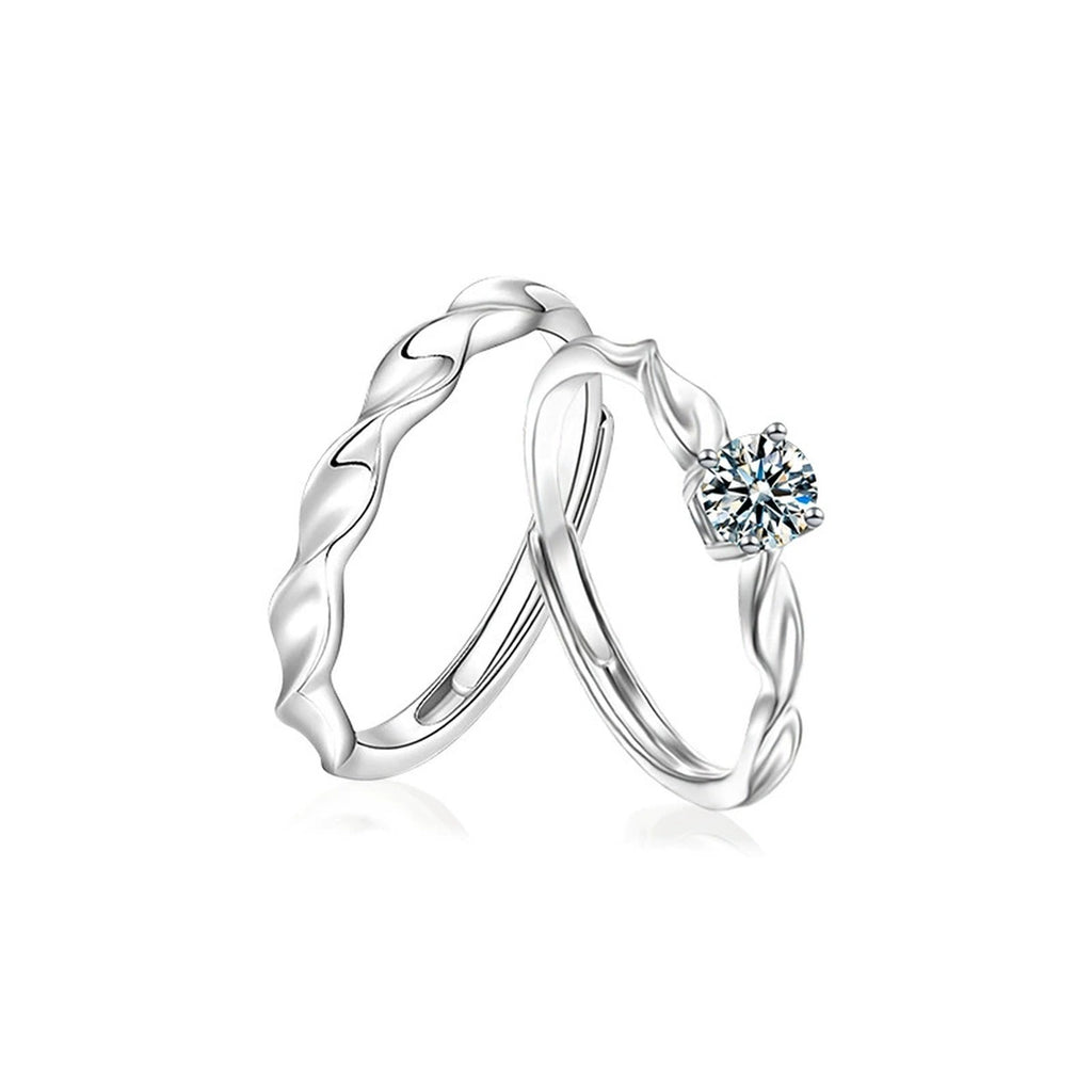 Round Moissanite Couples Wedding Rings in white gold-plated S925 sterling silver on clean white background