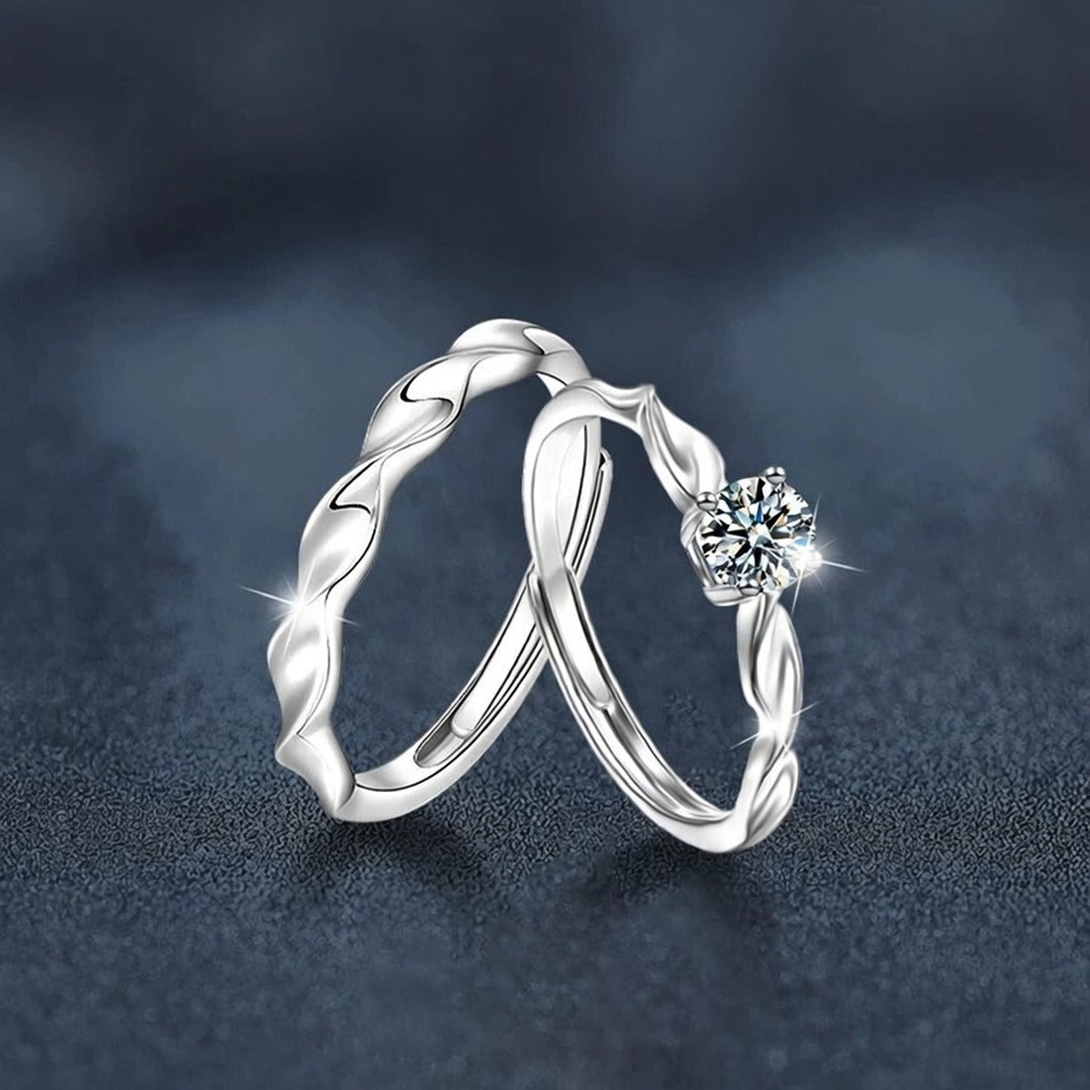 Round Moissanite Couples Wedding Rings close-up detail view with moissanite sparkle