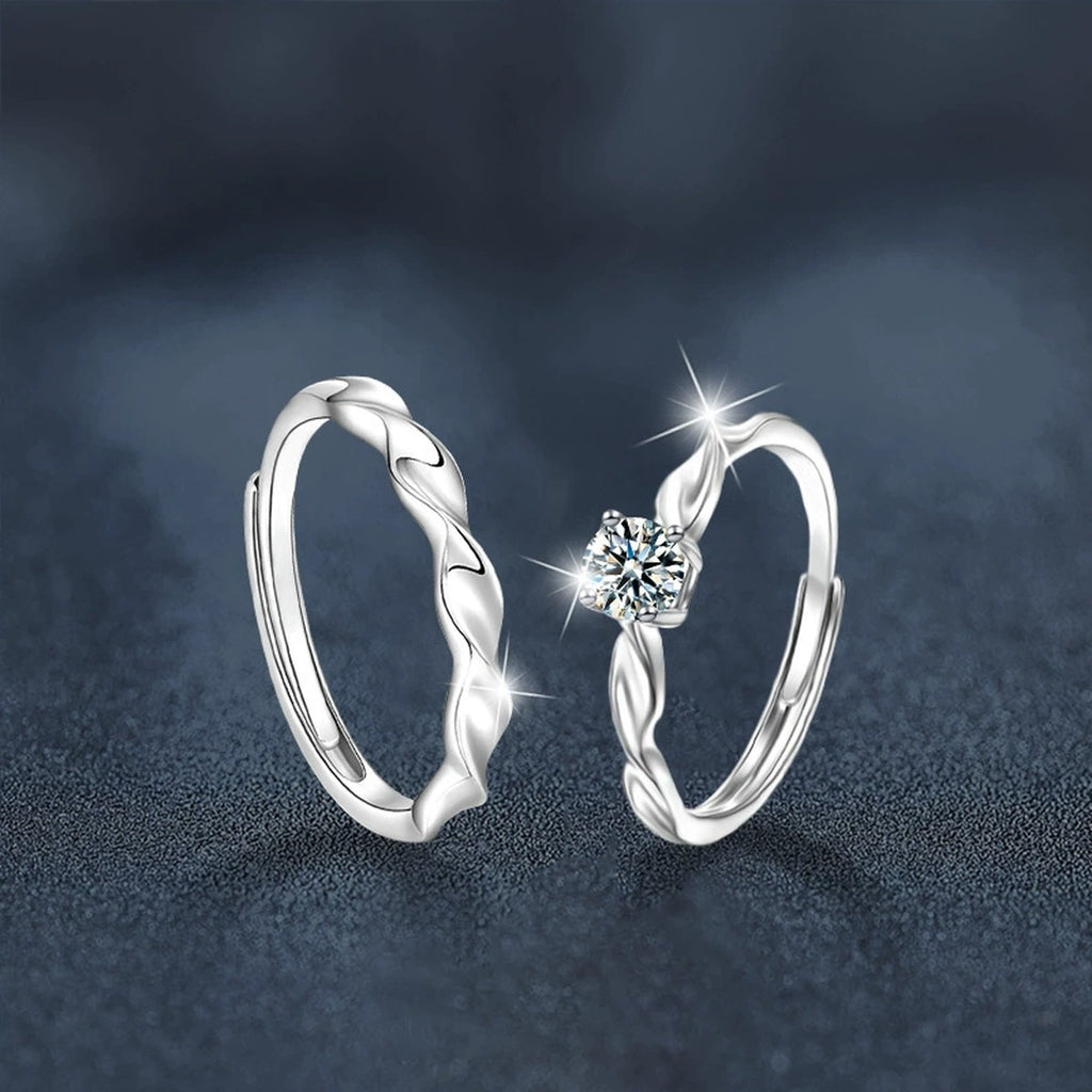 Round Moissanite Couples Wedding Rings close-up detail view with moissanite sparkle