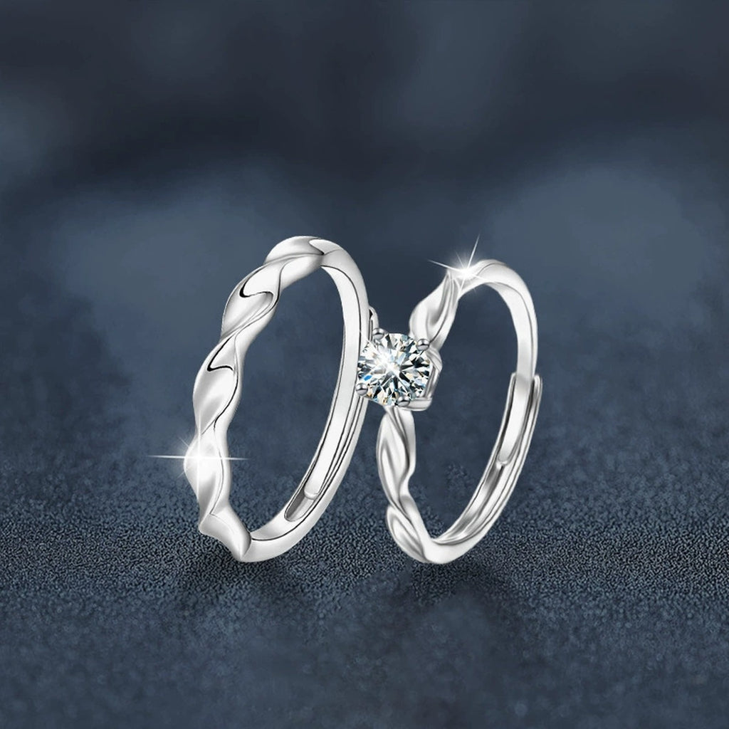 Round Moissanite Couples Wedding Rings close-up detail view with moissanite sparkle