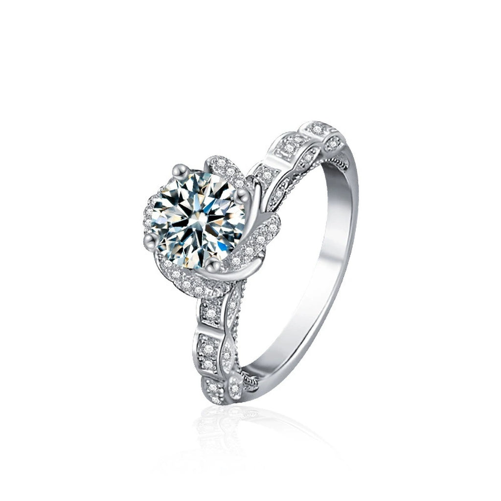 Rose Motif Round Moissanite Engagement Ring with CZ in white gold-plated S925 sterling silver on clean white background