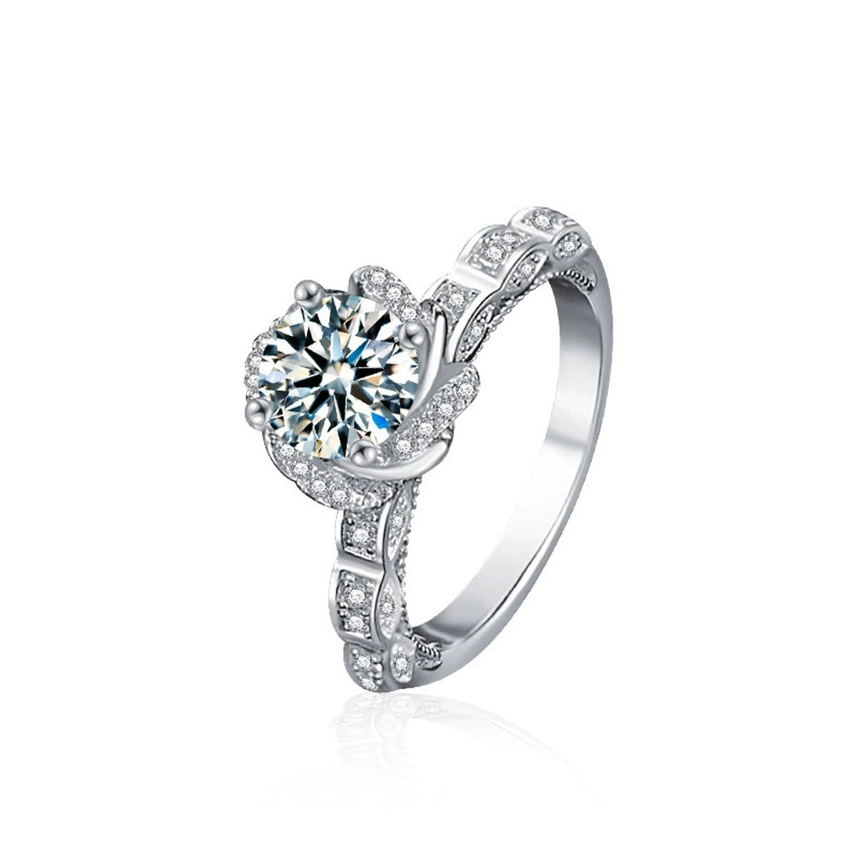 Rose Motif Round Moissanite Engagement Ring with CZ in white gold-plated S925 sterling silver on clean white background