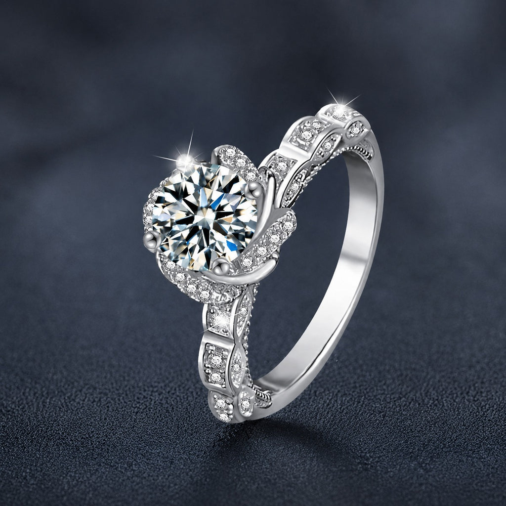 Rose Motif Round Moissanite Engagement Ring with CZ close-up detail view with moissanite sparkle
