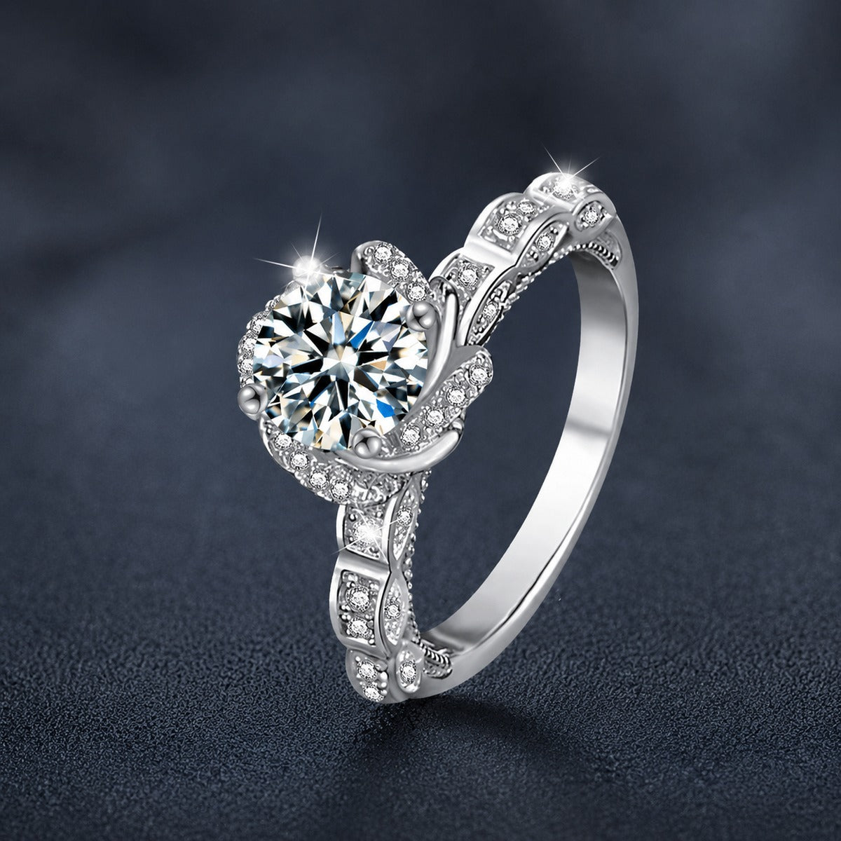 Rose Motif Round Moissanite Engagement Ring with CZ close-up detail view with moissanite sparkle