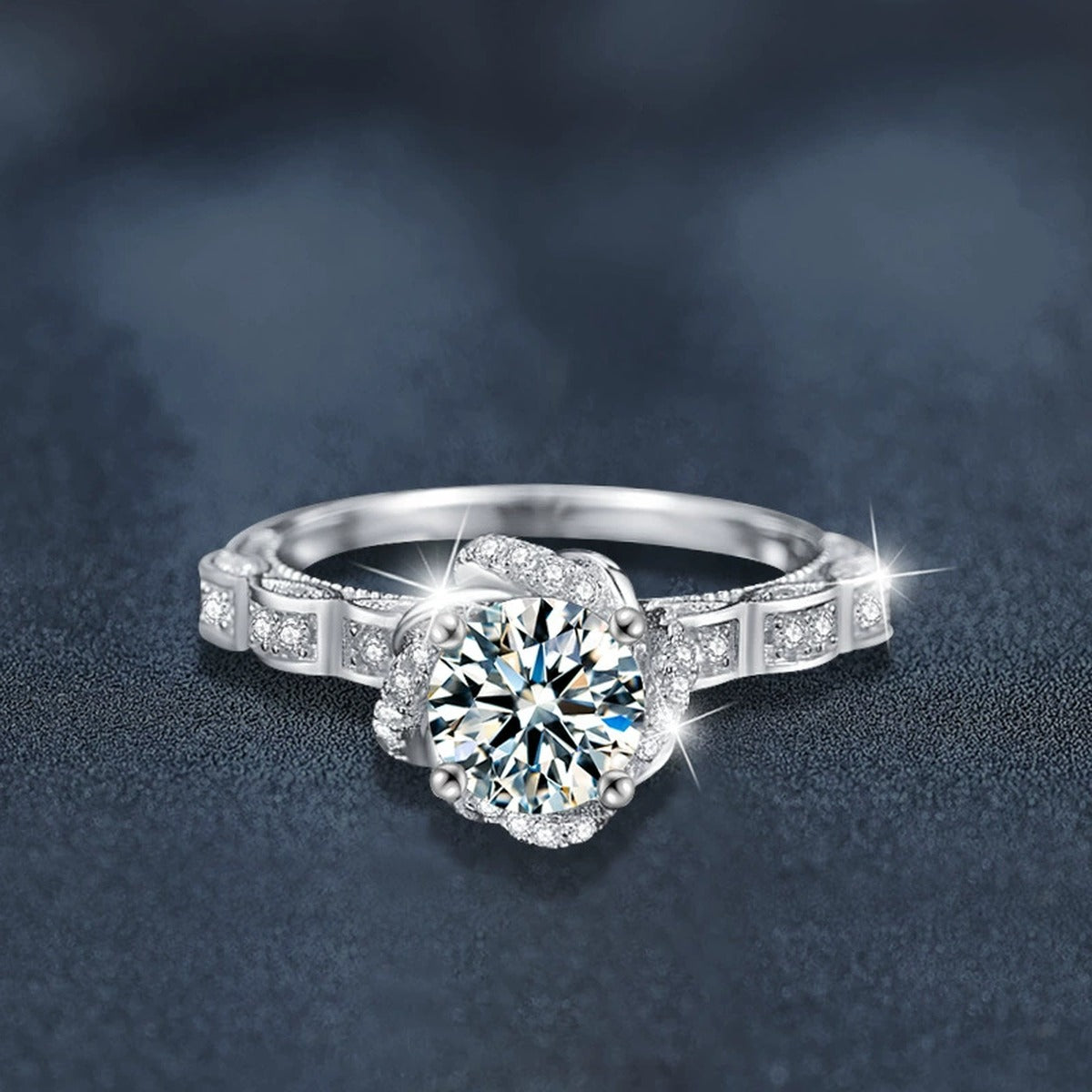 Rose Motif Round Moissanite Engagement Ring with CZ close-up detail view with moissanite sparkle