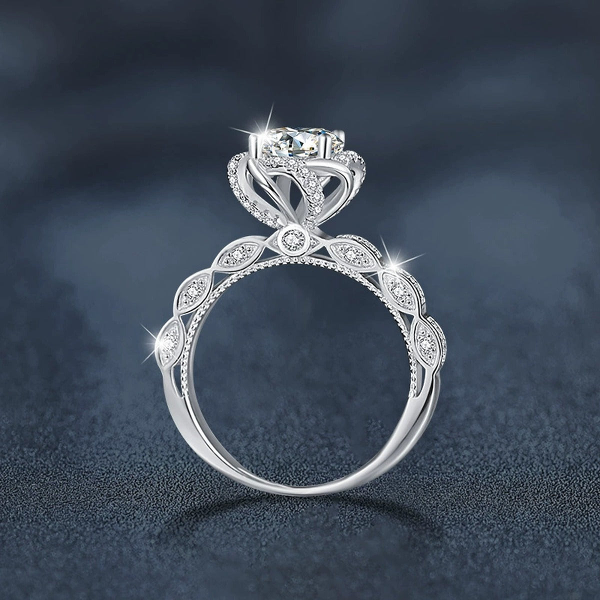 Rose Motif Round Moissanite Engagement Ring with CZ close-up detail view with moissanite sparkle