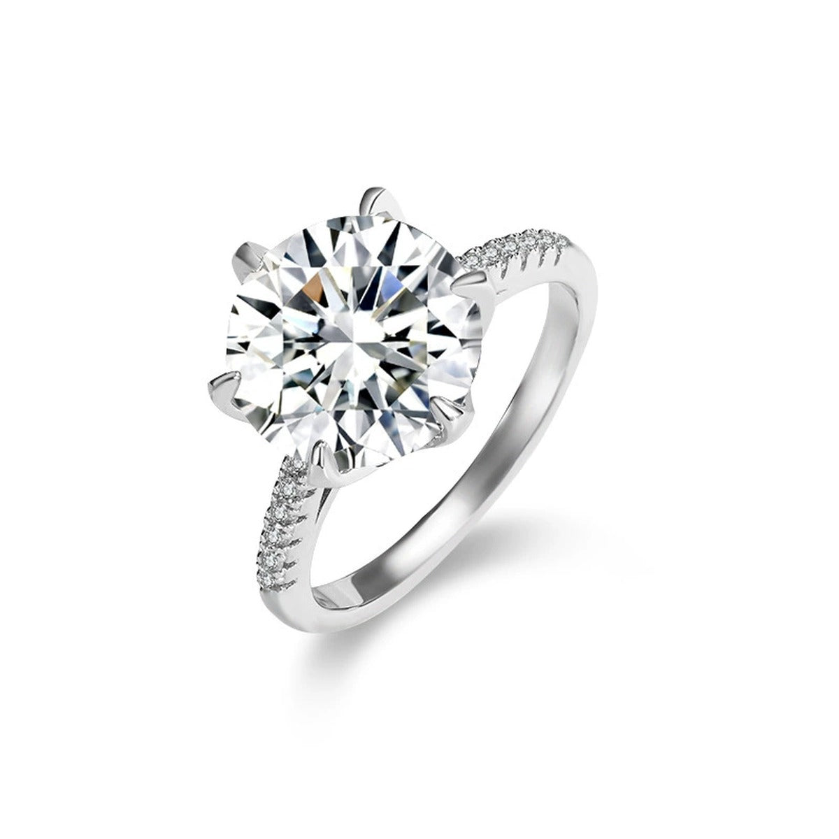 Six-Prong Round Moissanite Engagement Ring with CZ in white gold-plated S925 sterling silver on clean white background