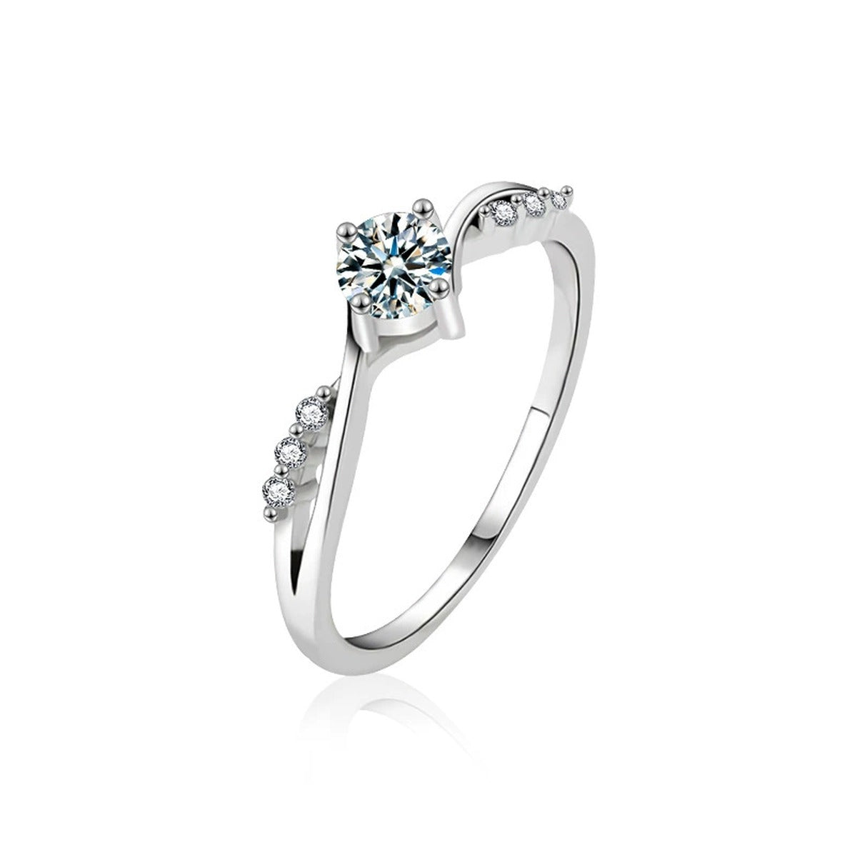 Round Moissanite Twist Engagement Ring with CZ in white gold-plated S925 sterling silver on clean white background