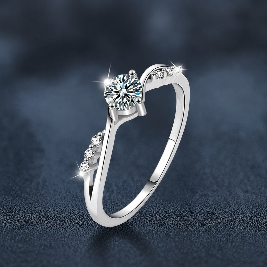 Round Moissanite Twist Engagement Ring with CZ close-up detail view with moissanite sparkle