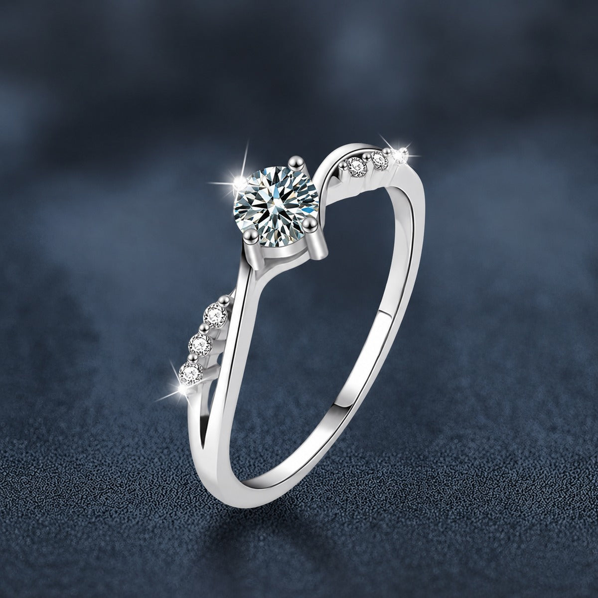 Round Moissanite Twist Engagement Ring with CZ close-up detail view with moissanite sparkle