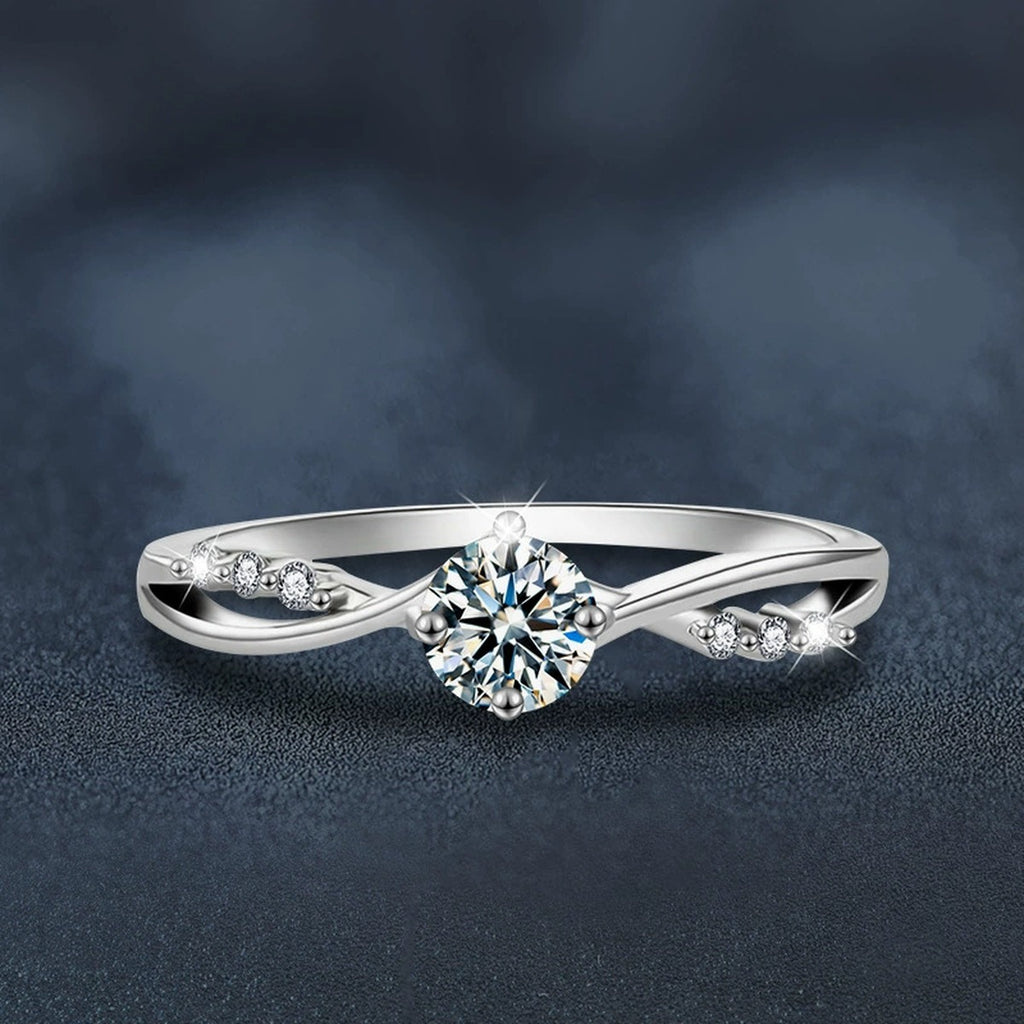 Round Moissanite Twist Engagement Ring with CZ close-up detail view with moissanite sparkle