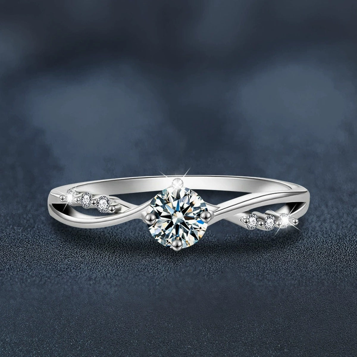 Round Moissanite Twist Engagement Ring with CZ close-up detail view with moissanite sparkle