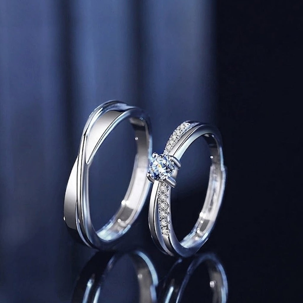 Round Moissanite Couples Wedding Rings close-up detail view with moissanite sparkle