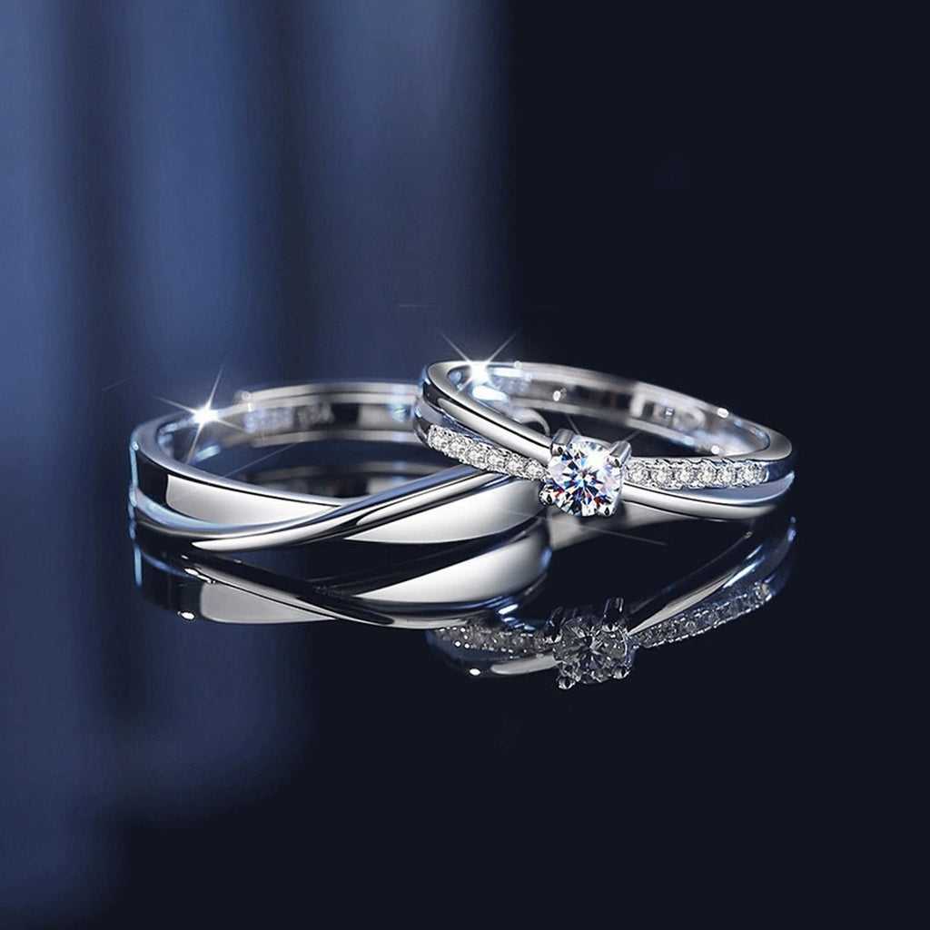 Round Moissanite Couples Wedding Rings close-up detail view with moissanite sparkle