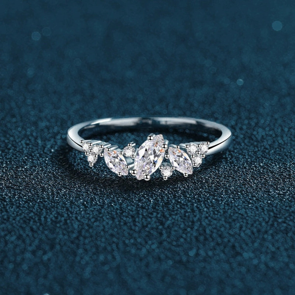 Marquise Cut Moissanite Wedding Ring with CZ close-up detail view with moissanite sparkle