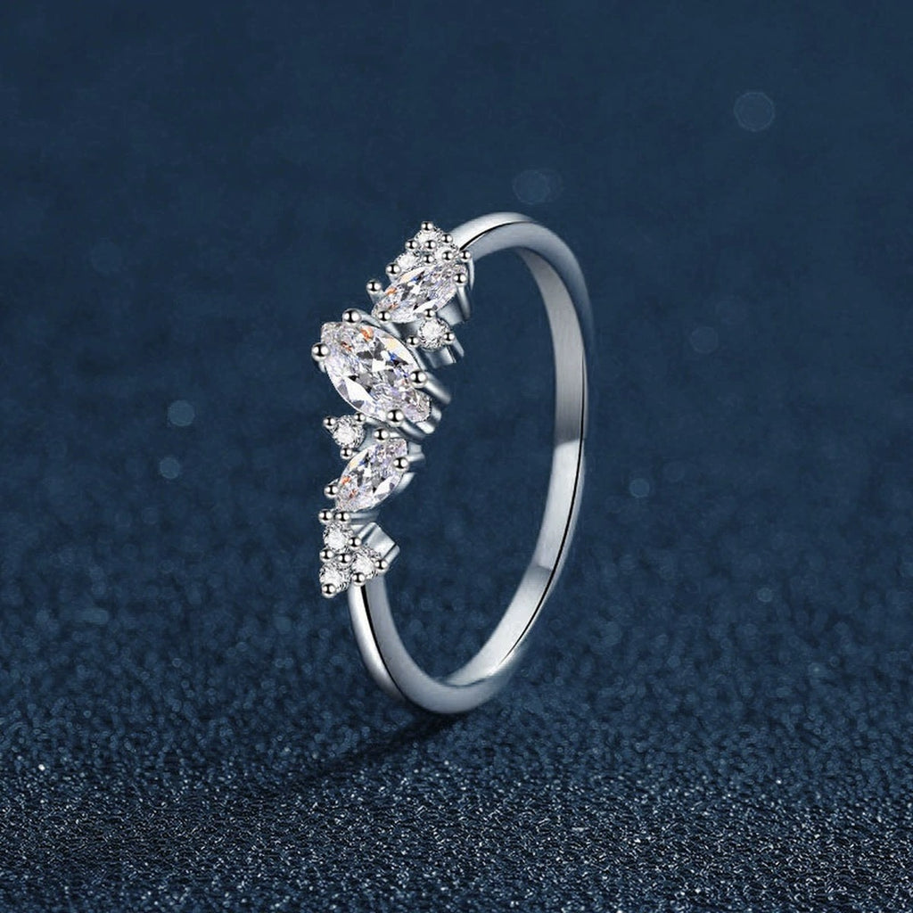 Marquise Cut Moissanite Wedding Ring with CZ close-up detail view with moissanite sparkle