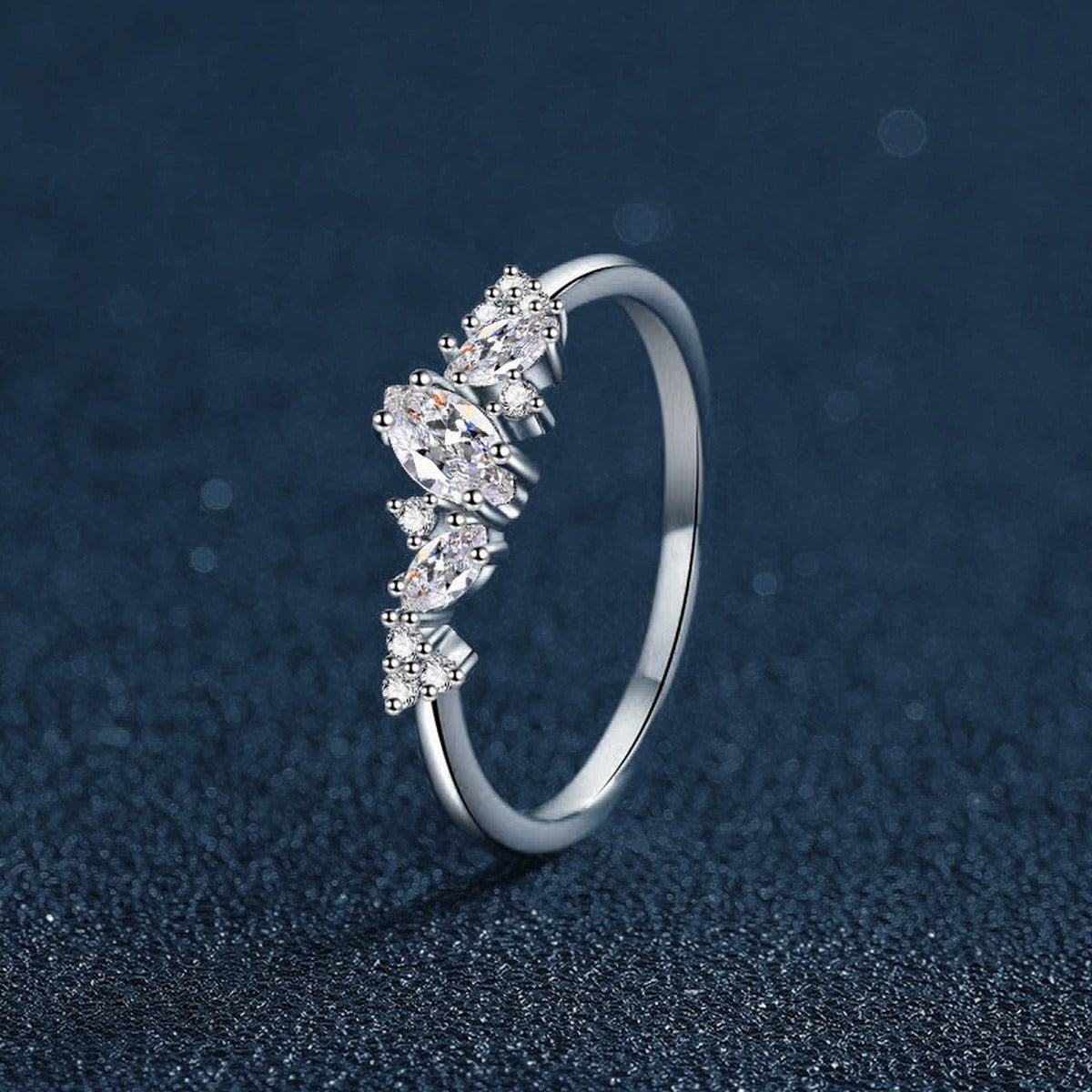 Marquise Cut Moissanite Wedding Ring with CZ close-up detail view with moissanite sparkle