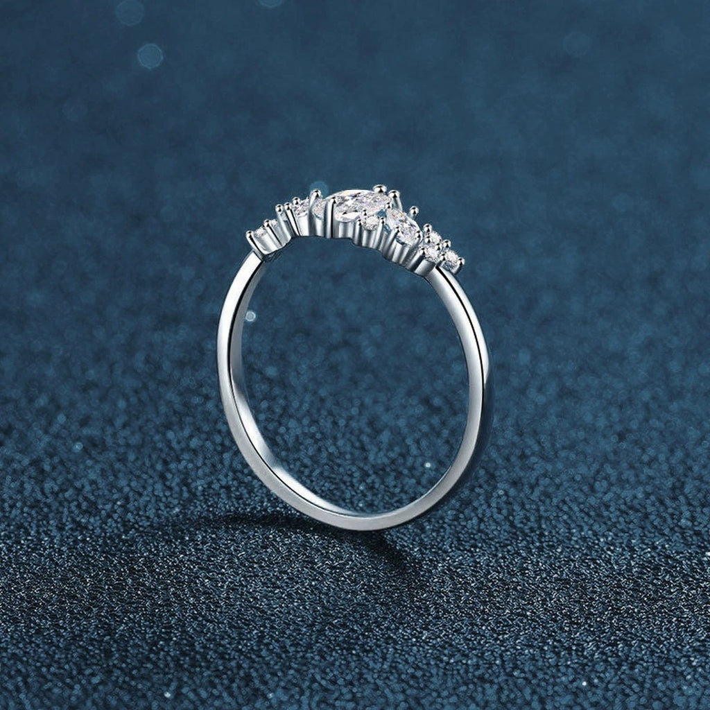 Marquise Cut Moissanite Wedding Ring with CZ close-up detail view with moissanite sparkle