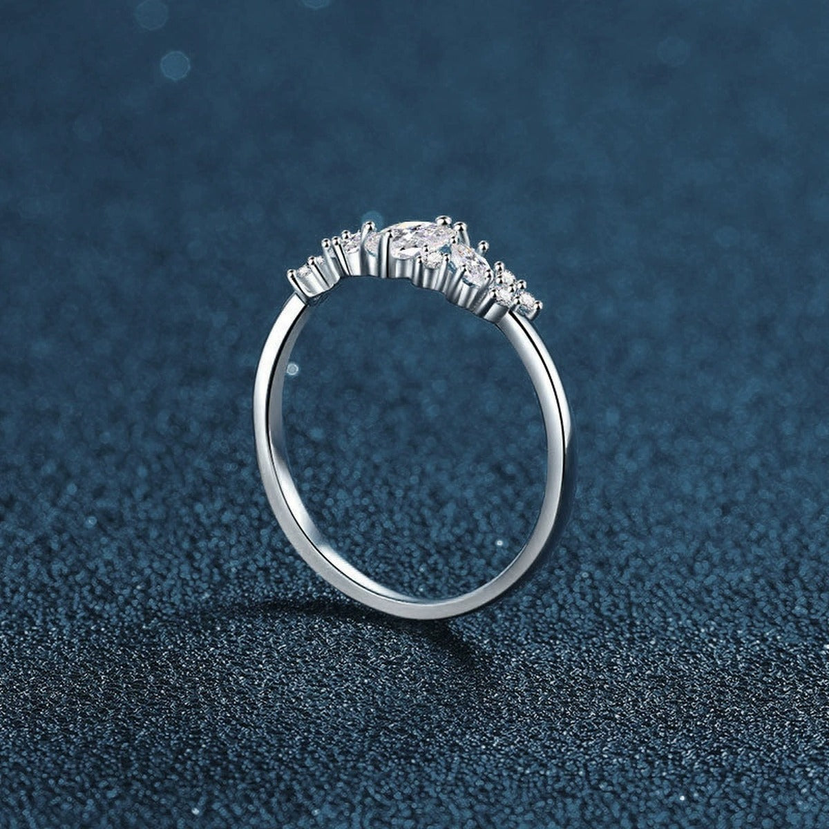 Marquise Cut Moissanite Wedding Ring with CZ close-up detail view with moissanite sparkle
