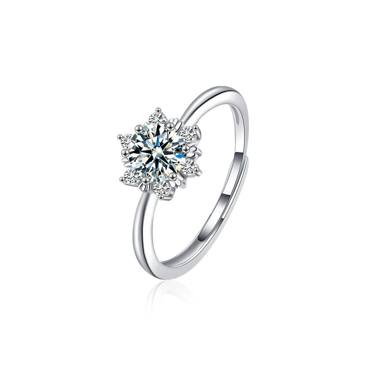 Snowflake Round Moissanite Adjustable Engagement Ring with CZ in white gold-plated S925 sterling silver on clean white background