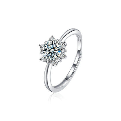 Snowflake Round Moissanite Adjustable Engagement Ring with CZ in white gold-plated S925 sterling silver on clean white background