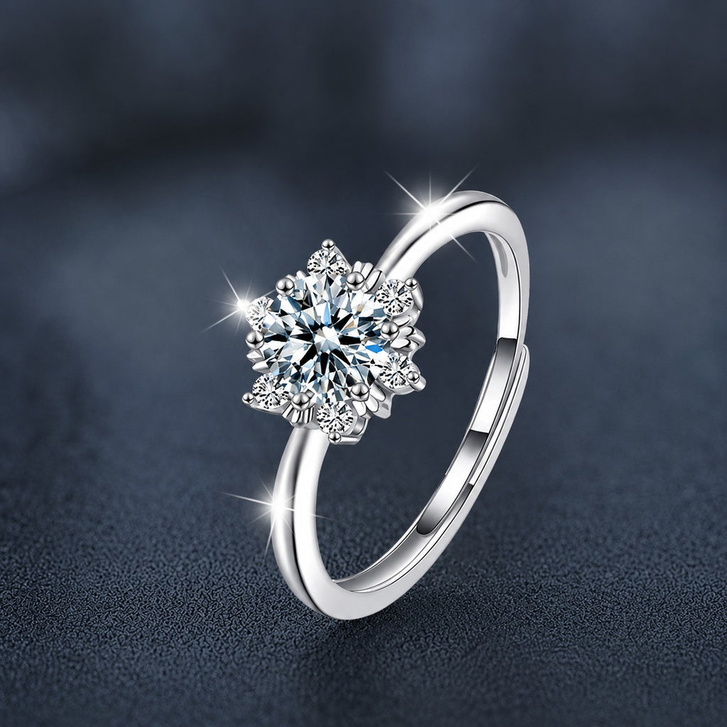 Snowflake Round Moissanite Adjustable Engagement Ring with CZ close-up detail view with moissanite sparkle