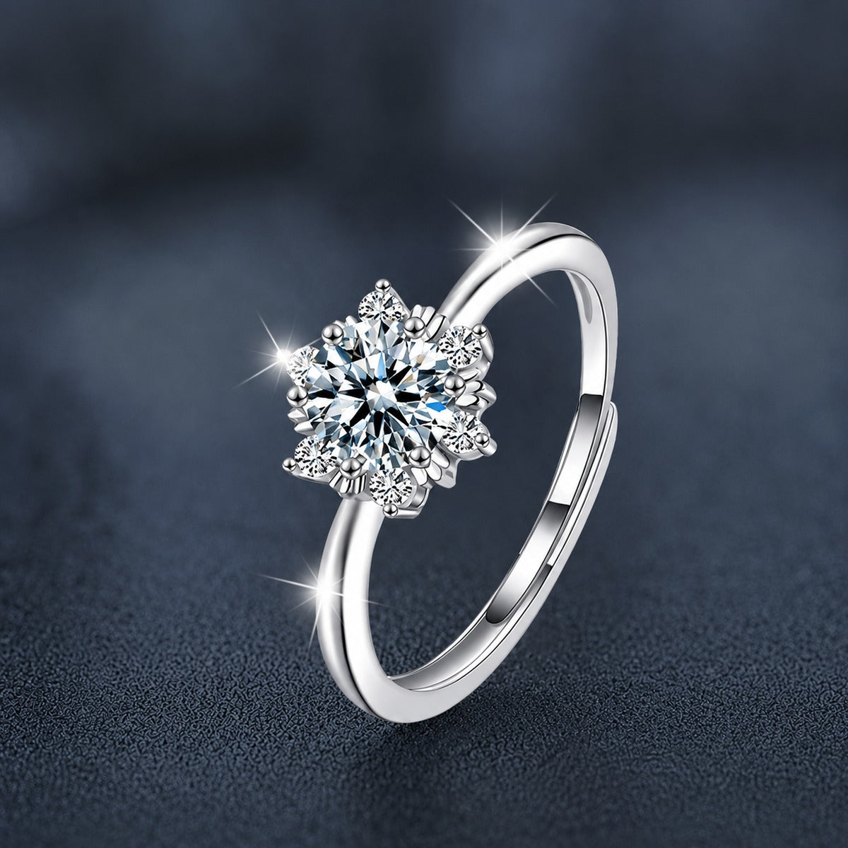 Snowflake Round Moissanite Adjustable Engagement Ring with CZ close-up detail view with moissanite sparkle