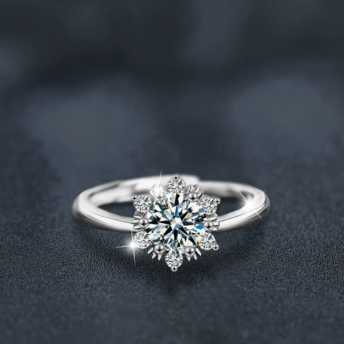 Snowflake Round Moissanite Adjustable Engagement Ring with CZ close-up detail view with moissanite sparkle