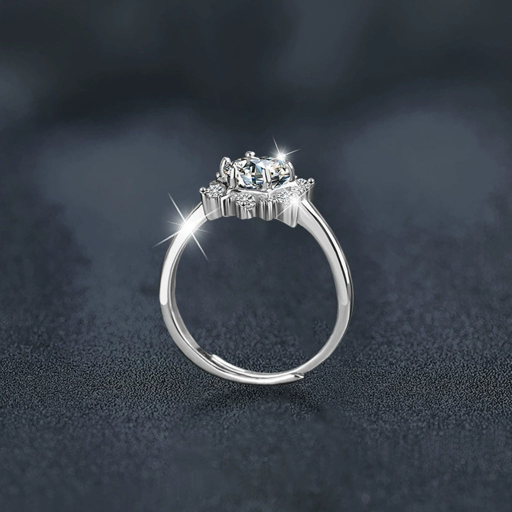 Snowflake Round Moissanite Adjustable Engagement Ring with CZ close-up detail view with moissanite sparkle