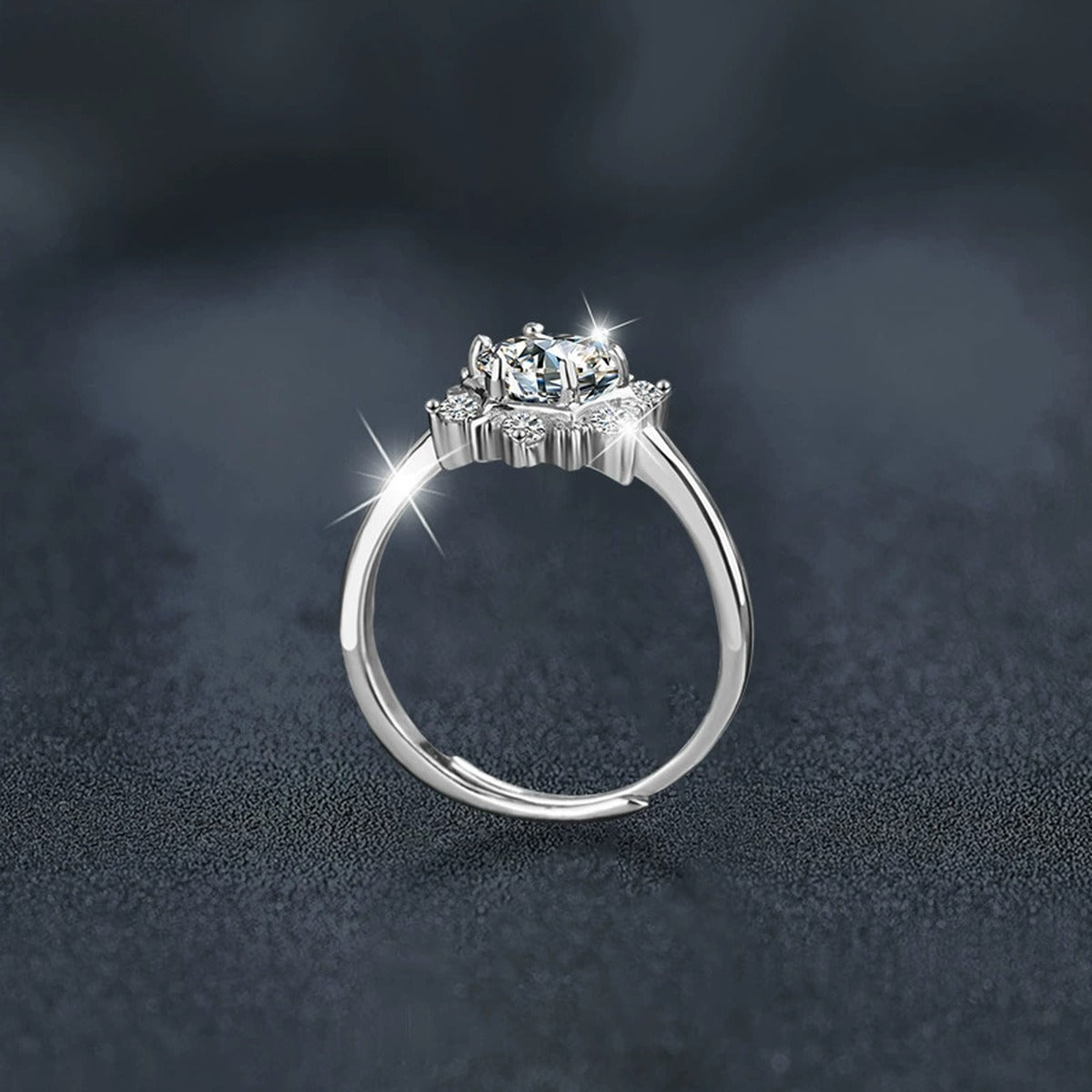 Snowflake Round Moissanite Adjustable Engagement Ring with CZ close-up detail view with moissanite sparkle