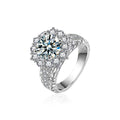 Sunflower Round Moissanite Engagement Ring with CZ in white gold-plated S925 sterling silver on clean white background