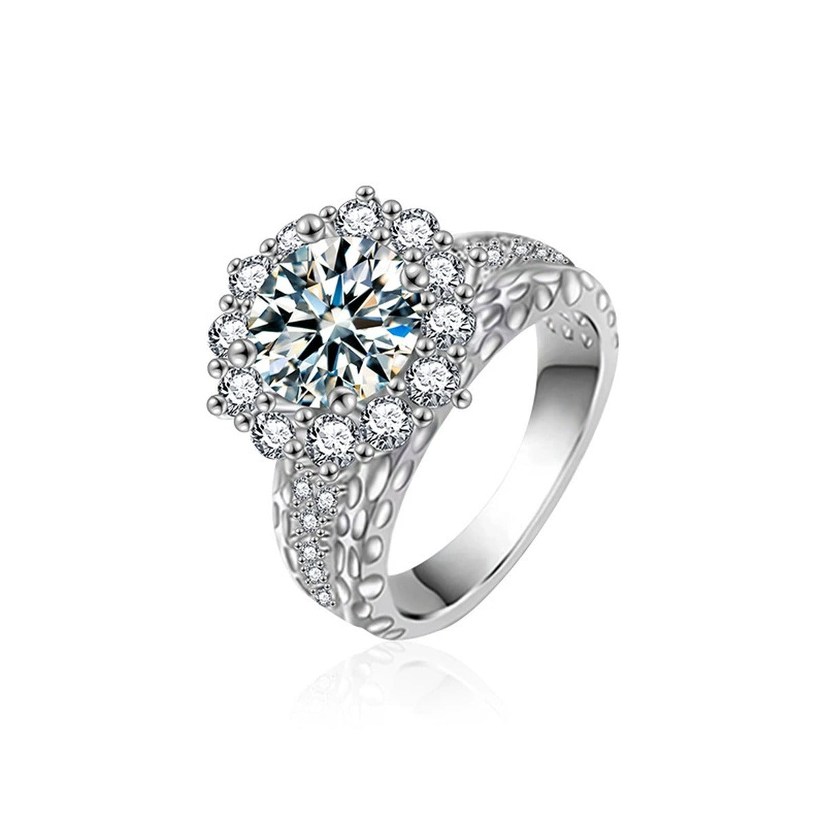 Sunflower Round Moissanite Engagement Ring with CZ in white gold-plated S925 sterling silver on clean white background
