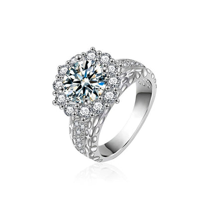 Sunflower Round Moissanite Engagement Ring with CZ in white gold-plated S925 sterling silver on clean white background