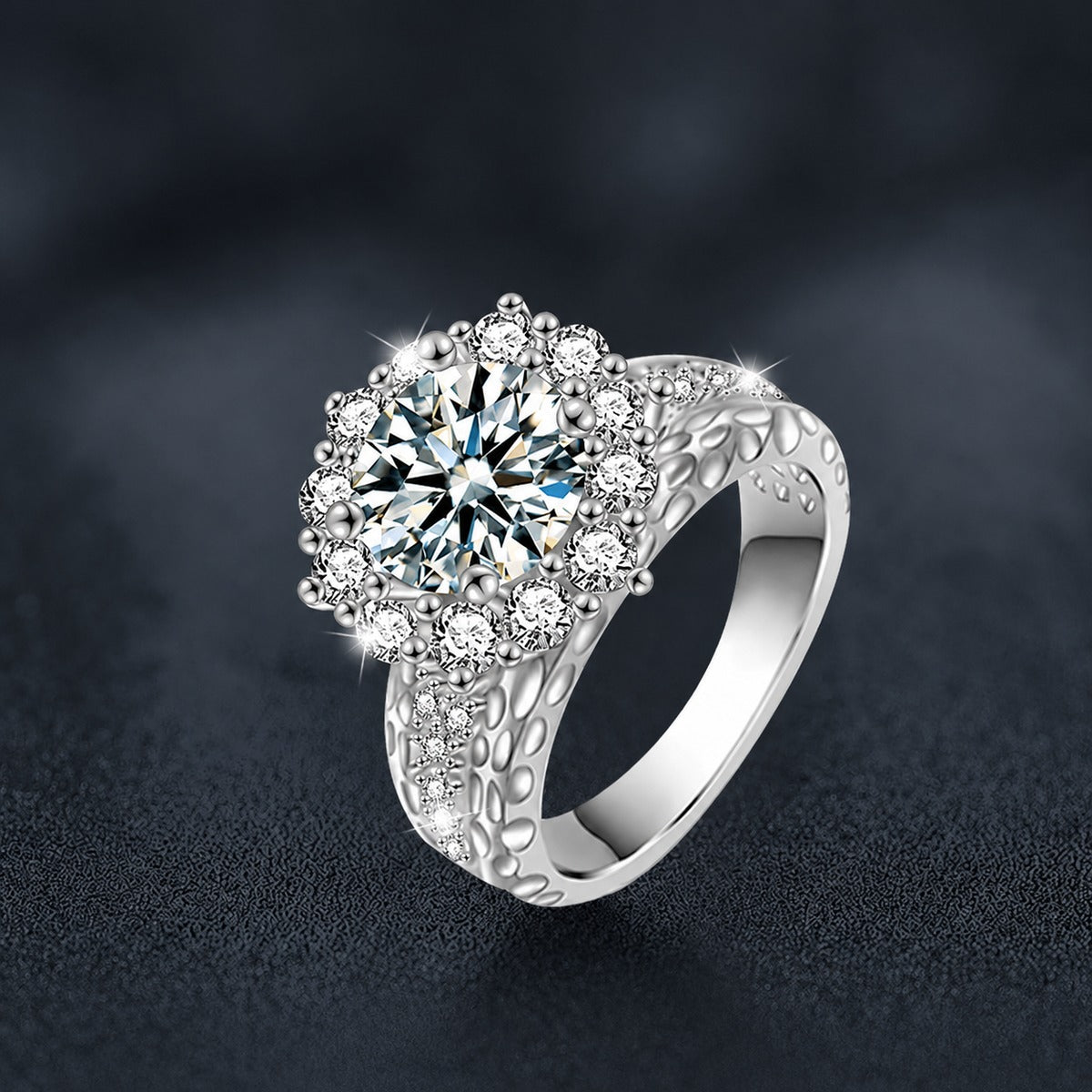 Sunflower Round Moissanite Engagement Ring with CZ close-up detail view with moissanite sparkle