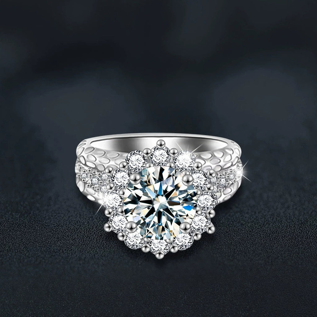Sunflower Round Moissanite Engagement Ring with CZ close-up detail view with moissanite sparkle