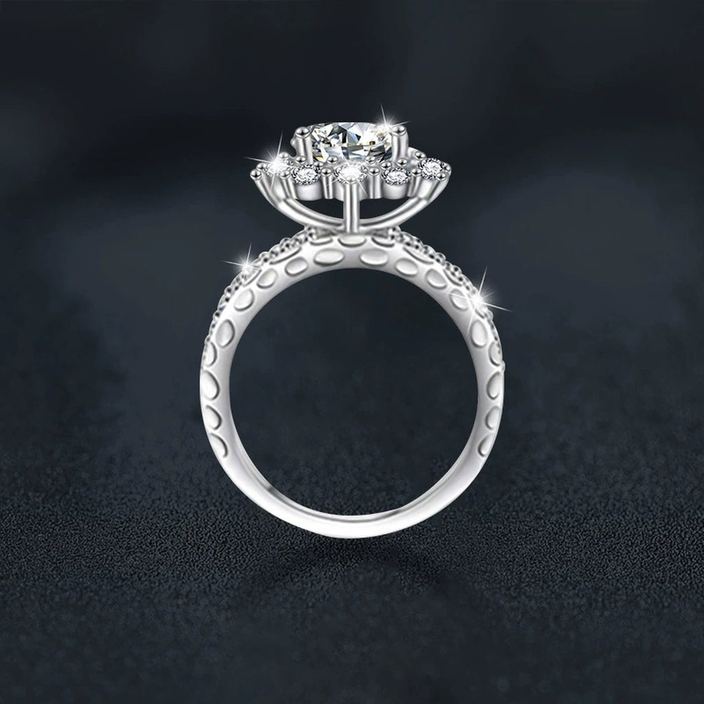 Sunflower Round Moissanite Engagement Ring with CZ close-up detail view with moissanite sparkle