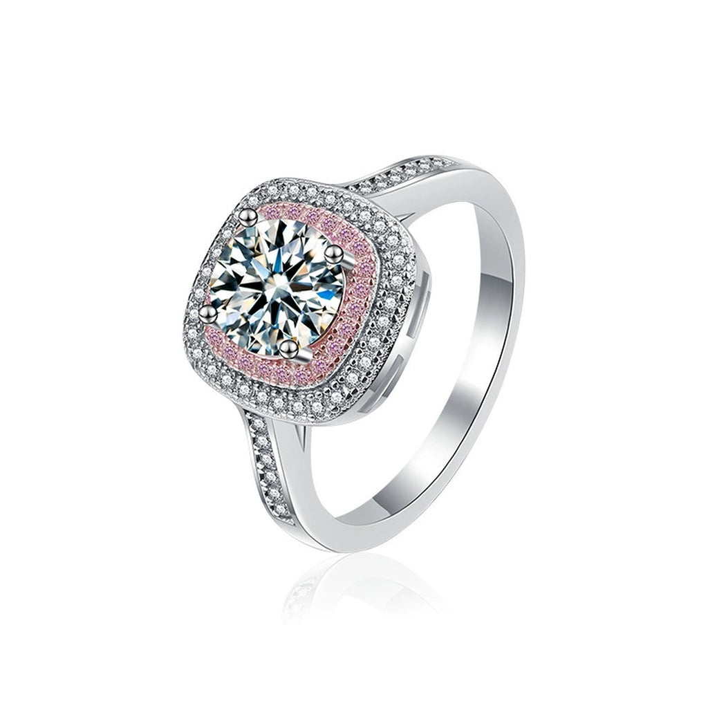 Pink CZ Halo Round Moissanite Engagement Ring in white gold-plated S925 sterling silver on clean white background