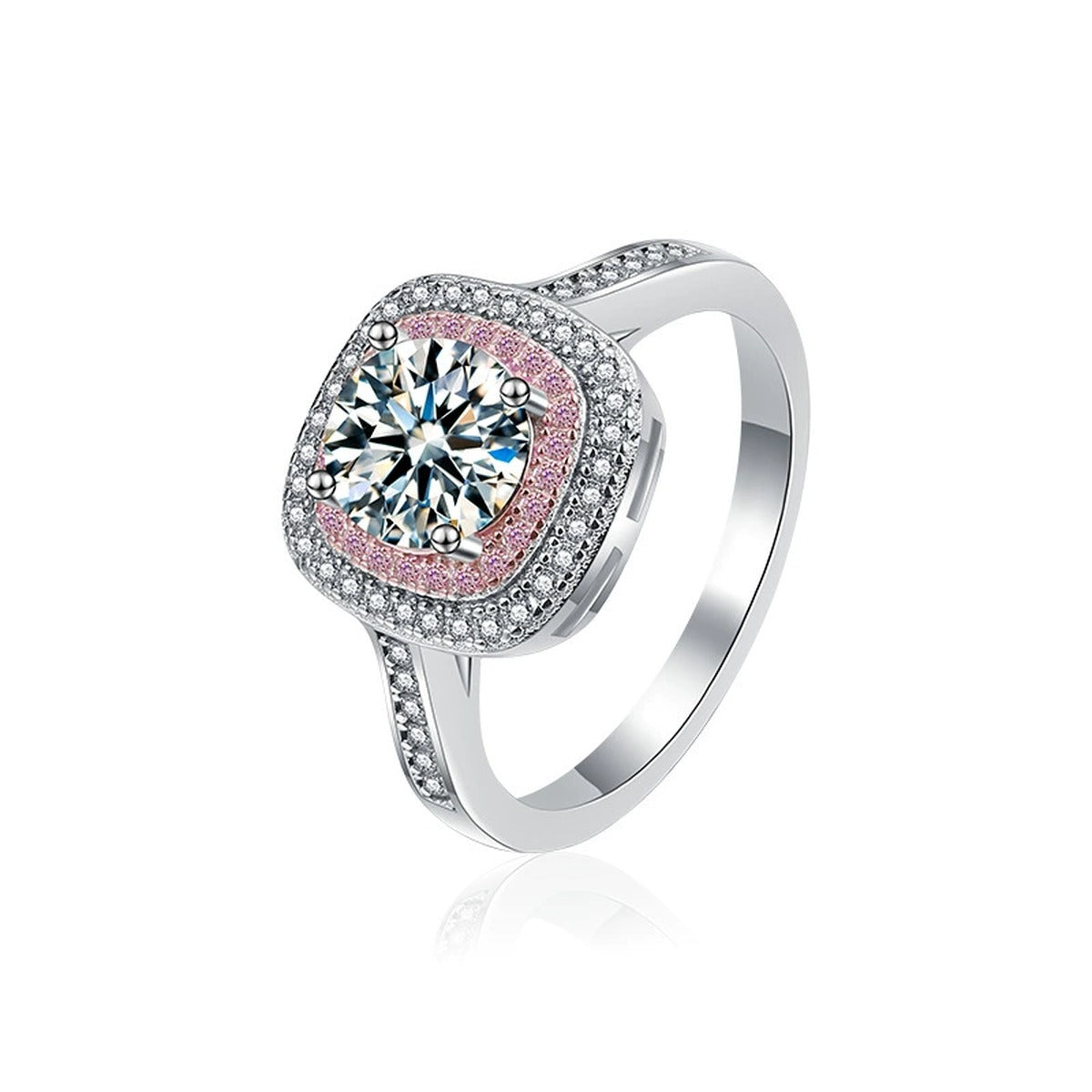 Pink CZ Halo Round Moissanite Engagement Ring in white gold-plated S925 sterling silver on clean white background