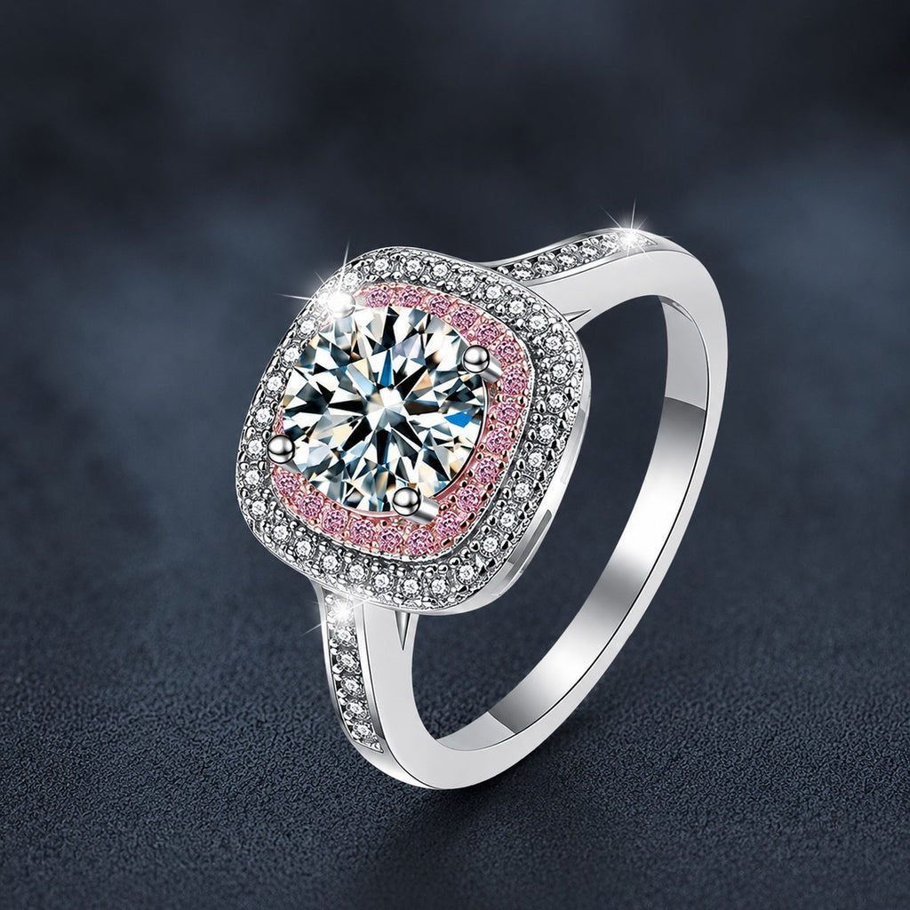 Pink CZ Halo Round Moissanite Engagement Ring close-up detail view with moissanite sparkle