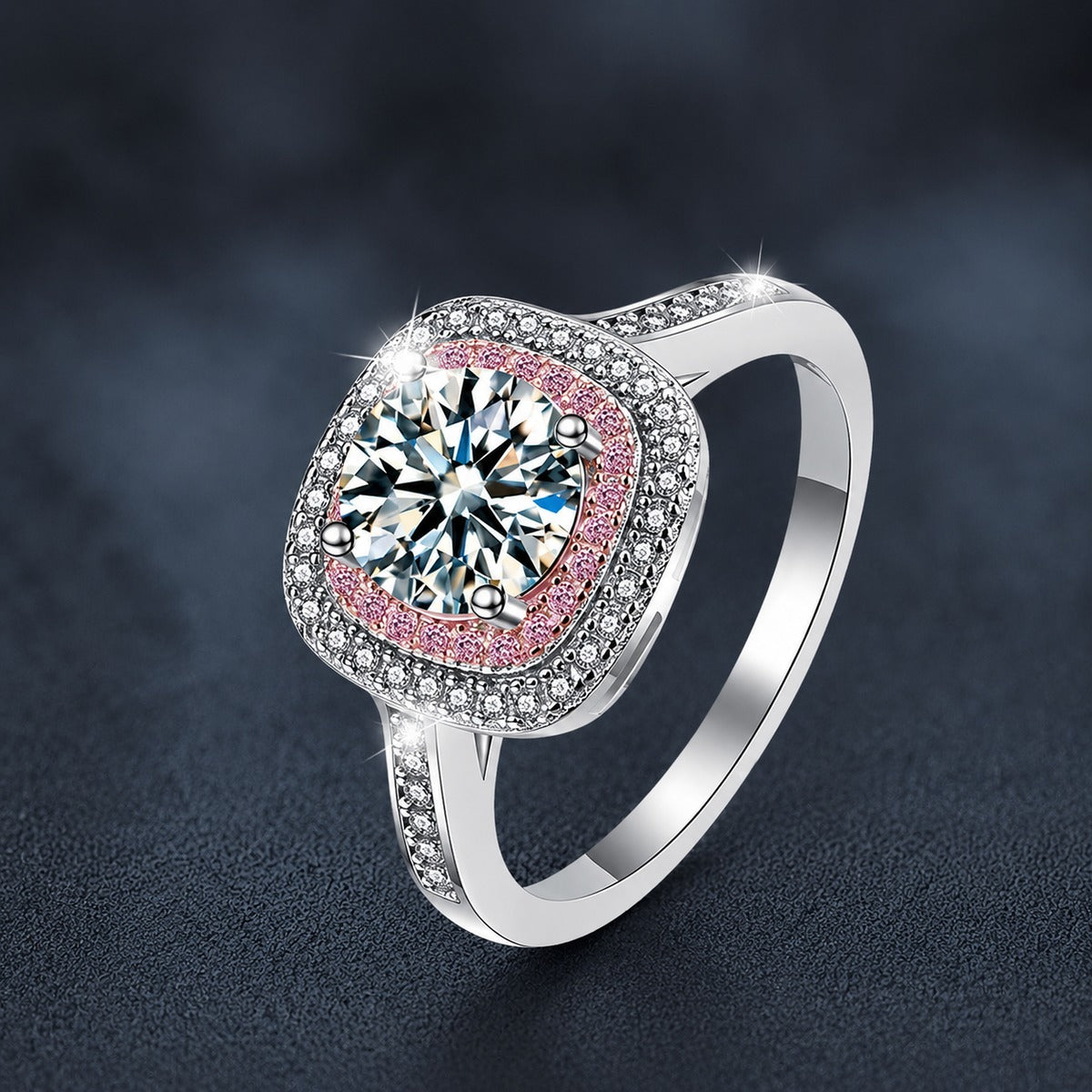 Pink CZ Halo Round Moissanite Engagement Ring close-up detail view with moissanite sparkle