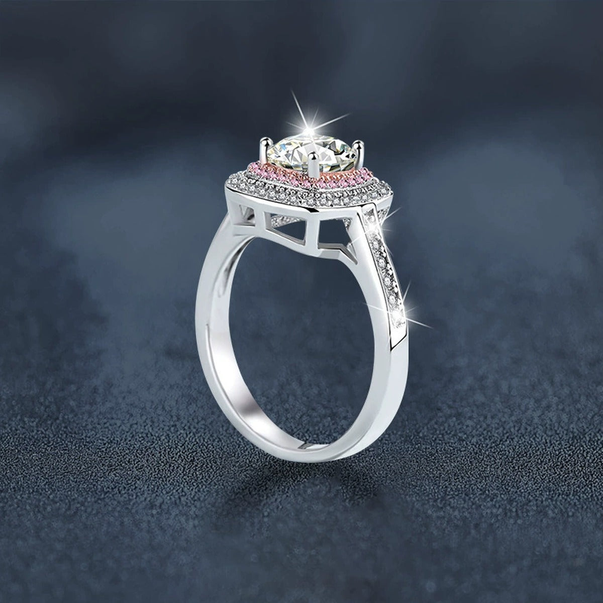 Pink CZ Halo Round Moissanite Engagement Ring close-up detail view with moissanite sparkle