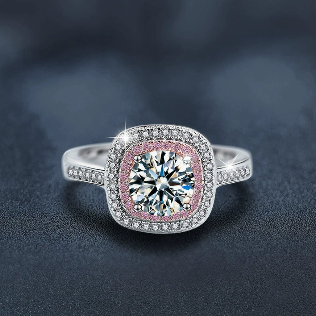Pink CZ Halo Round Moissanite Engagement Ring close-up detail view with moissanite sparkle