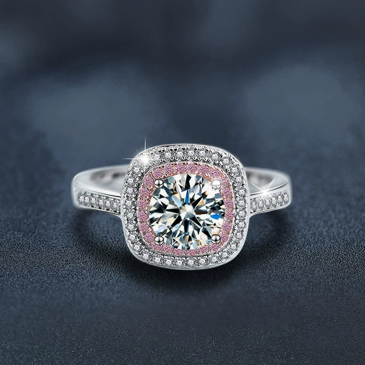 Pink CZ Halo Round Moissanite Engagement Ring close-up detail view with moissanite sparkle