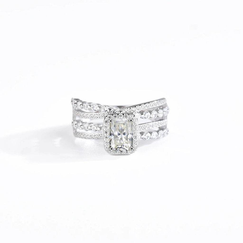 Three-Row Radiant Cut Moissanite Engagement Ring with CZ in white gold-plated S925 sterling silver on clean white background