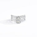 Three-Row Radiant Cut Moissanite Engagement Ring with CZ in white gold-plated S925 sterling silver on clean white background