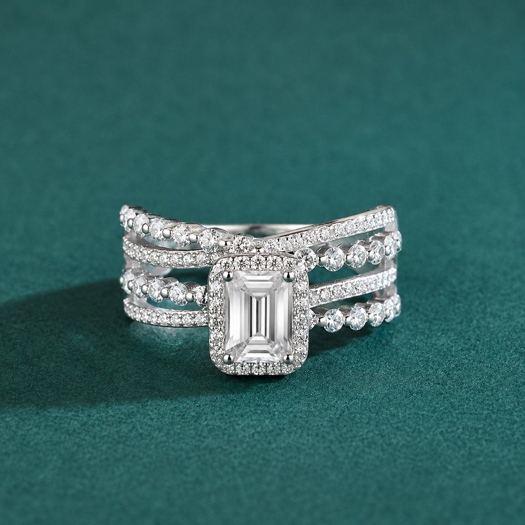 Three-Row Radiant Cut Moissanite Engagement Ring with CZ close-up detail view with moissanite sparkle